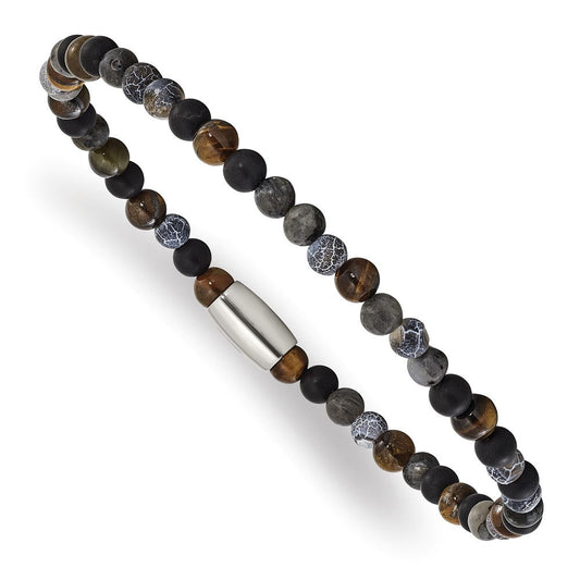 Chisel Stainless Steel Polished 5mm Spectrolite, Agate, Tiger's Eye and Blue Stone Beaded Stretch Bracelet SRB3130