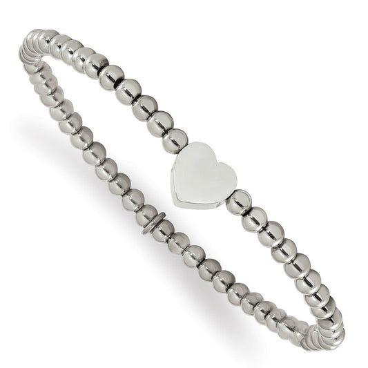 Chisel Stainless Steel Polished Heart 4mm Beaded Stretch Bracelet SRB3139