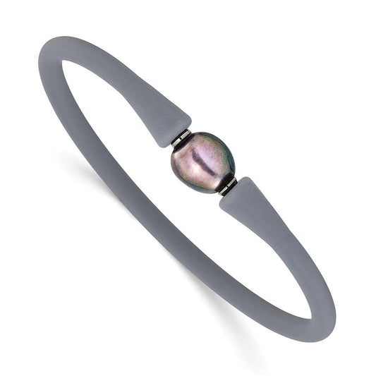 Chisel Stainless Steel Polished 9-10mm Black Baroque Freshwater Cultured Pearl on Grey Silicone 6.75 inch Bracelet SRB3163BKGR
