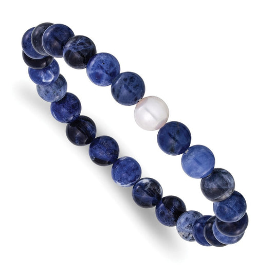 Chisel 8-9mm Lapis and White Freshwater Cultured Pearl Beaded 7.25 inch Stretch Bracelet SRB3167