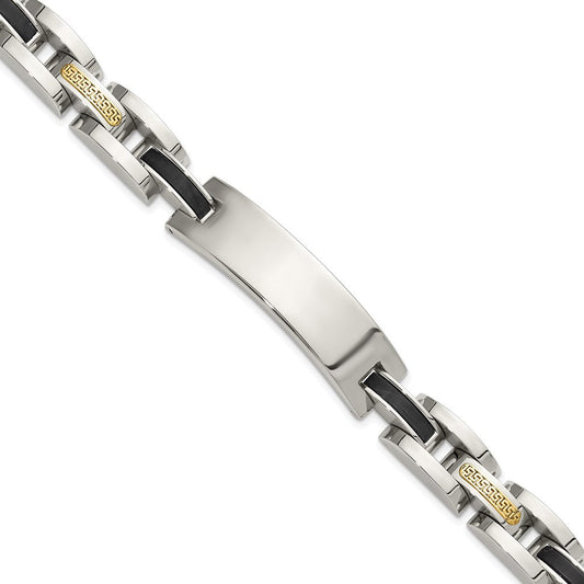 Chisel Stainless Steel Polished with 14K Gold Accent and Onyx 8.75 inch ID Link Bracelet SRB3203-8.75