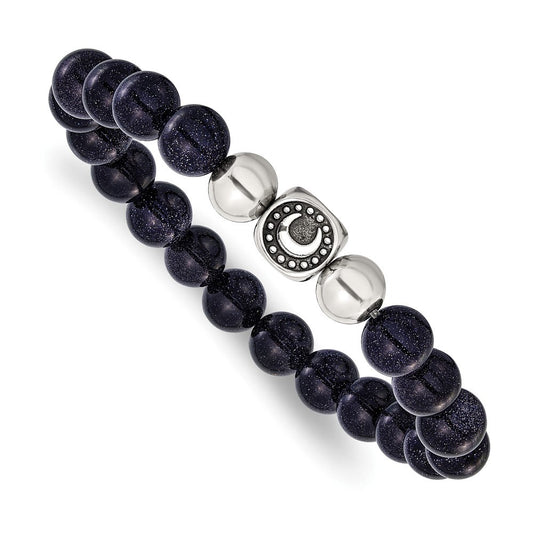 Chisel Stainless Steel Antiqued and Polished 10mm Blue Quartz Beaded Moon 7.5 inch Stretch Bracelet SRB3212