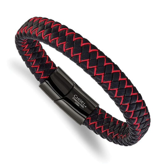 Chisel Stainless Steel Polished Black IP-plated Black Leather and Red Fabric 8.25 inch Bracelet SRB3215-8.25