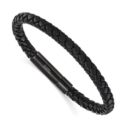Chisel Stainless Steel Polished Black IP-plated and Black Leather 8.25 inch Bracelet SRB3220-8.25