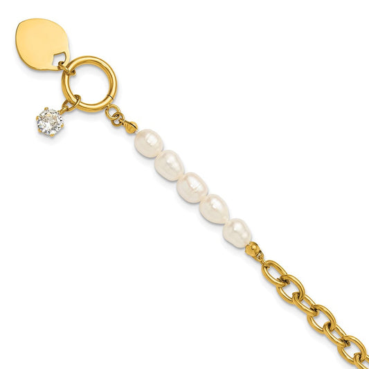 Chisel Stainless Steel Polished Yellow IP-plated with Half White Freshwater Cultured Pearl and CZ Heart Dangle 8.25 inch Bracelet SRB3226-8.25