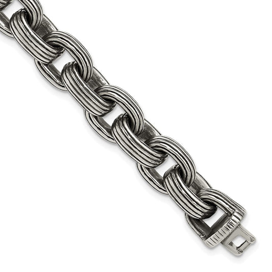 Chisel Stainless Steel Antiqued and Polished 8.5 inch Grooved Link Bracelet SRB3295-8.5