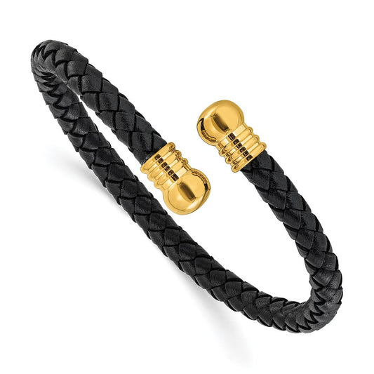 Chisel Stainless Steel Polished Yellow IP-plated Black Leather Flexible Cuff Bangle SRB3298