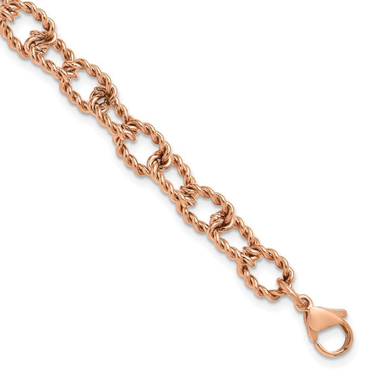 Chisel Stainless Steel Polished and Textured Rose IP-plated Open Link 7 inch Plus a 1 inch Extension Bracelet SRB3358-7