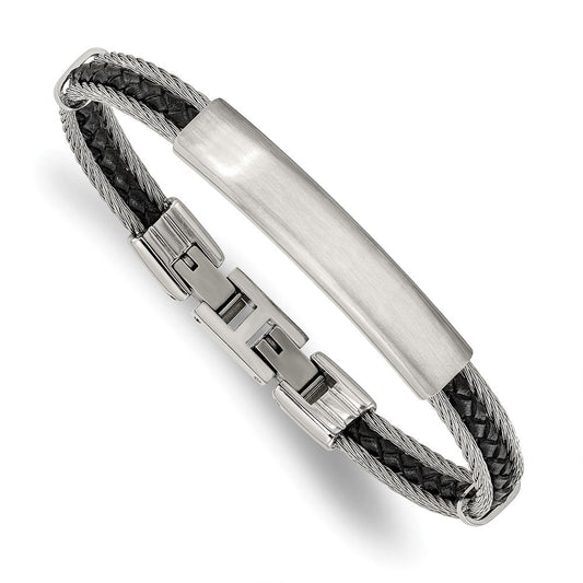 Chisel Stainless Steel Brushed and Polished Wire and Braided Black Leather 6.75 inch Plus a .5 inch Extension ID Bracelet SRB3390-6.75