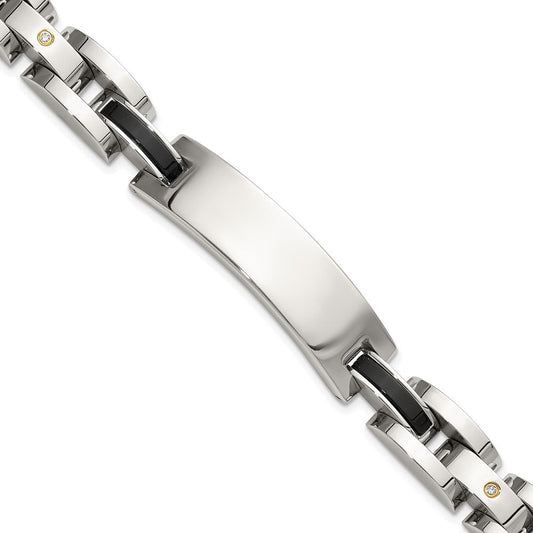 Chisel Stainless Steel Polished with 14K Gold Accent and 1/15ct. Diamond and Onyx 8.75 inch ID Bracelet SRB3411-8.75