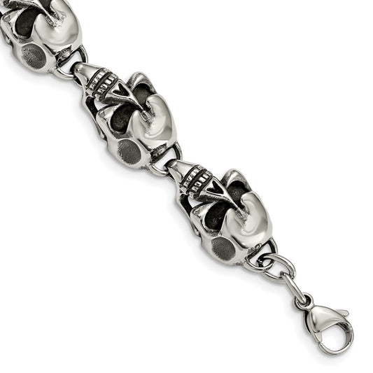 Chisel Stainless Steel Antiqued and Polished Skull Link 8.5 inch Bracelet SRB795-8.5