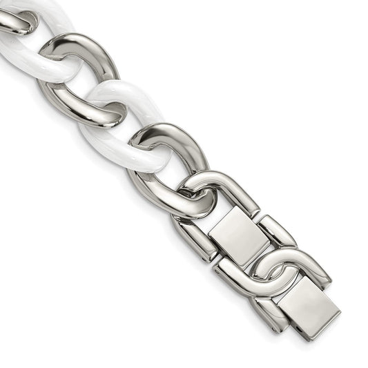 Chisel Stainless Steel Polished with White Ceramic 7.5 inch Curb Link Bracelet with 1 inch Extension SRB804-7.5