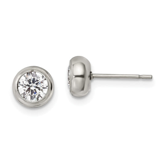 SRE1069 Chisel Stainless Steel Polished 5mm Bezel CZ Stud Post Earrings