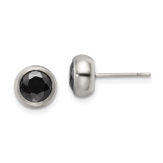 SRE1074 Chisel Stainless Steel Polished 6mm Bezel Black CZ Stud Post Earrings