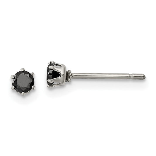 SRE1091 Chisel Stainless Steel Polished 3mm Black Round CZ Stud Post Earrings