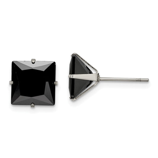 SRE1114 Chisel Stainless Steel Polished 9mm Black Square CZ Stud Post Earrings