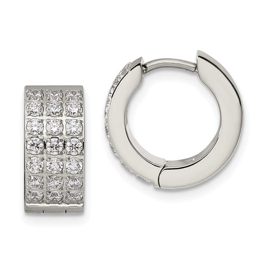 SRE1141 Chisel Stainless Steel Polished with 3 Rows of CZ 2.4mm Hinged Hoop Earrings