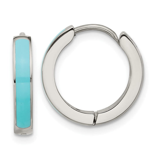 SRE1702 Chisel Stainless Steel Polished with Blue Enamel 2.90mm Hinged Hoop Earrings