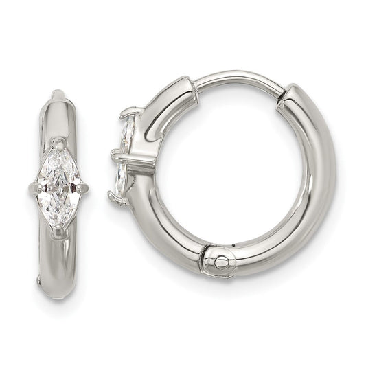 SRE1734 Chisel Stainless Steel Polished Marquise CZ Hinged Hoop Earrings