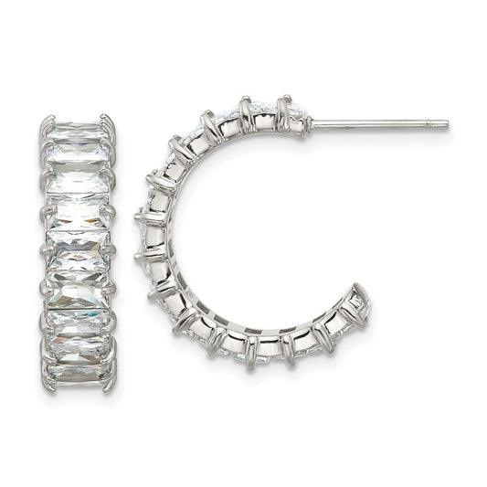 SRE1801 Chisel Stainless Steel Polished White Zircon J-Hoop Earrings