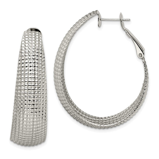 SRE488 Chisel Stainless Steel Polished and Textured Oval Omega Back Hoop Earrings