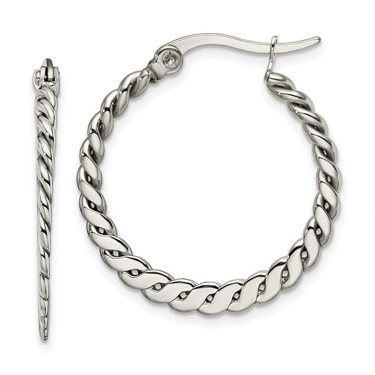 SRE502 Chisel Stainless Steel Polished and Textured Braided Hoop Earrings