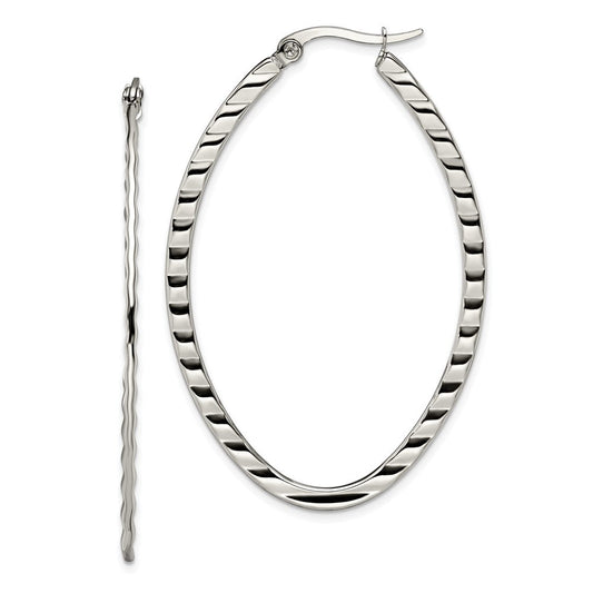 SRE503 Chisel Stainless Steel Polished and Textured Oval Hoop Earrings
