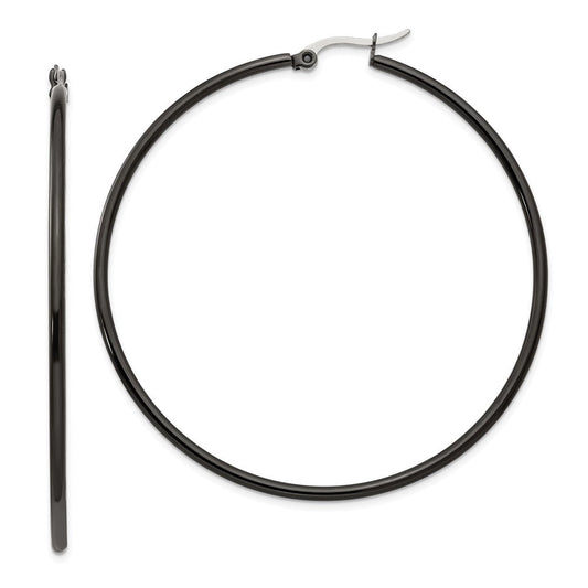 SRE570 Chisel Stainless Steel Polished Black IP-plated 60mm Diameter 2mm Hoop Earrings