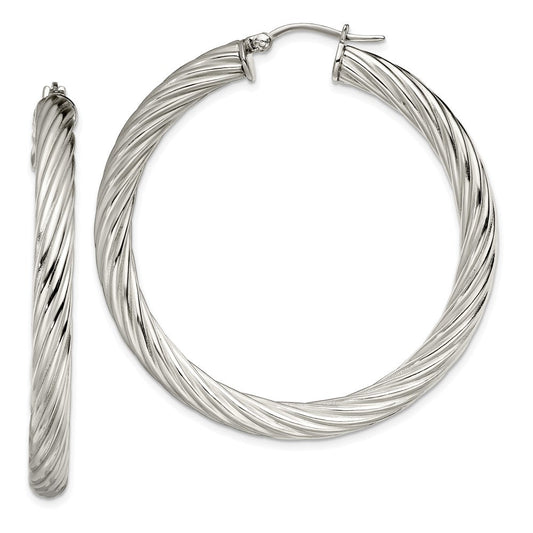 SRE655 Chisel Stainless Steel Polished and Textured Hollow Hoop Earrings