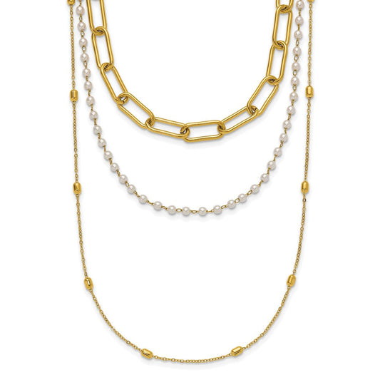 Chisel Stainless Steel Polished Yellow IP-plated Paperclip Link, Beaded Chain and White Freshwater Cultured Pearl Layered 13.5 inch Plus a 2 inch Extension NecklaceSRN3228-13.5