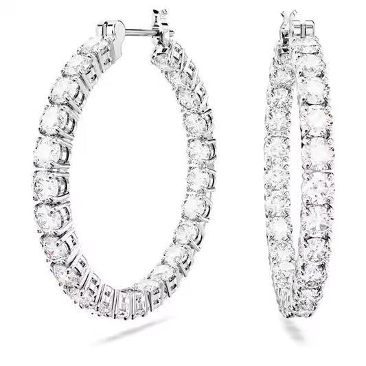 Swarovski Matrix hoop earrings, Round cut, White, Rhodium plated