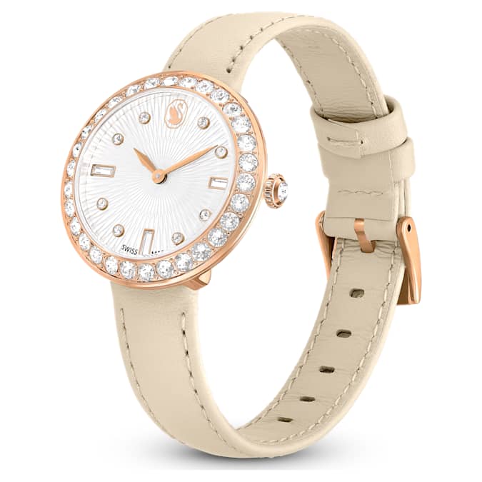 Swarovski Certa watch, Swiss Made, Leather strap, Beige, Rose gold-tone finish