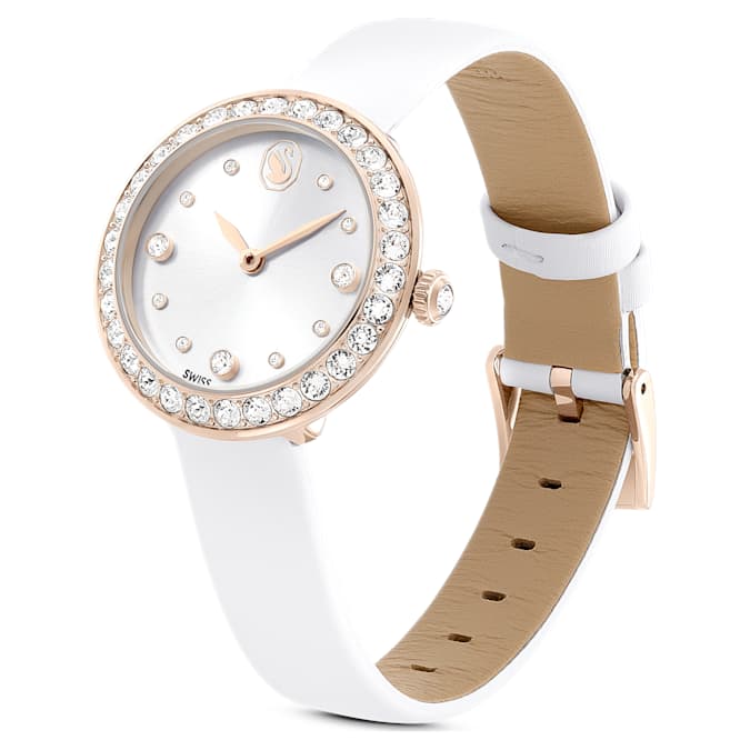 Swarovski Matrix Tennis watch, Swiss Made, Leather strap, White, Champagne gold-tone finish