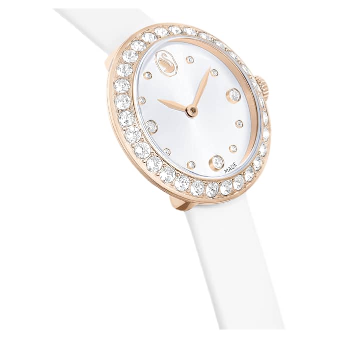 Swarovski Matrix Tennis watch, Swiss Made, Leather strap, White, Champagne gold-tone finish