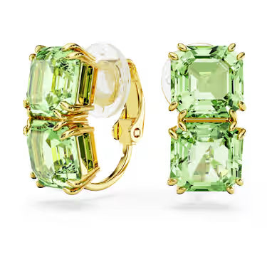 Millenia clip earrings, Square cut, Green, Gold-tone plated