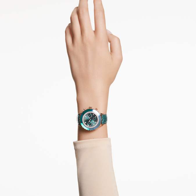 Swarovski Octea Chrono watch, Swiss Made, Leather strap, Green, Rose gold-tone finish