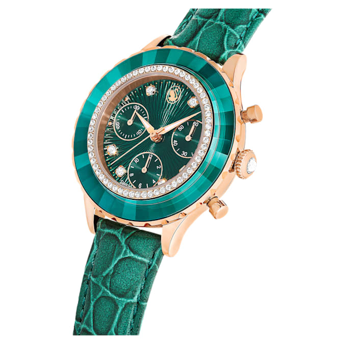 Swarovski Octea Chrono watch, Swiss Made, Leather strap, Green, Rose gold-tone finish