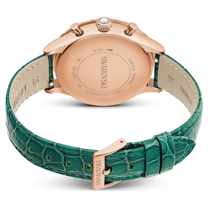 Swarovski Octea Chrono watch, Swiss Made, Leather strap, Green, Rose gold-tone finish