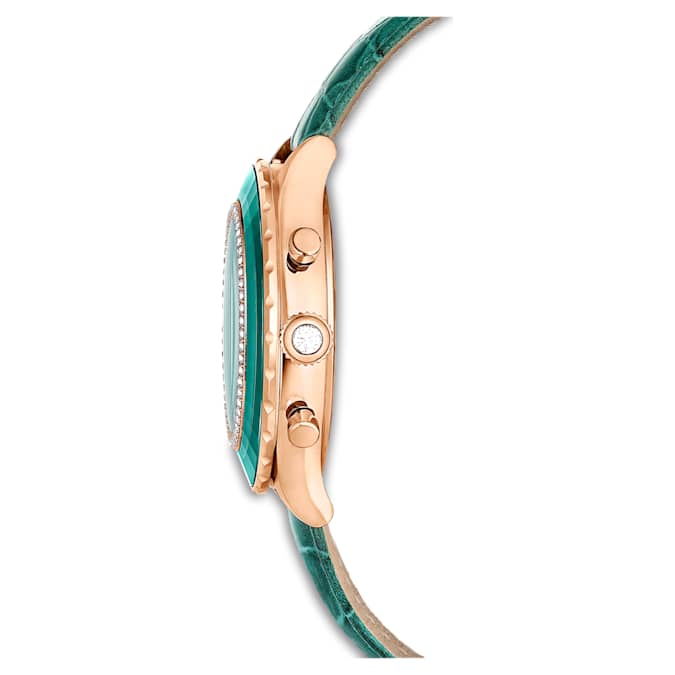 Swarovski Octea Chrono watch, Swiss Made, Leather strap, Green, Rose gold-tone finish