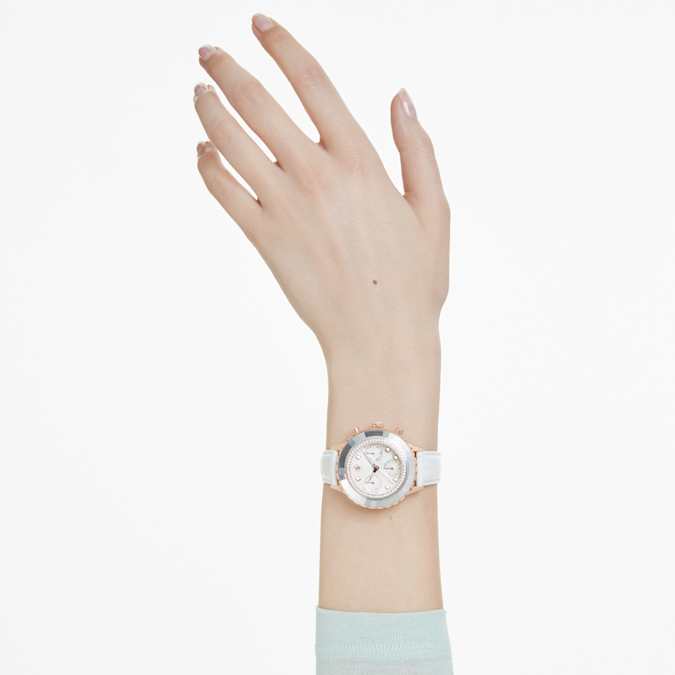 Swarovski Octea Chrono watch, Swiss Made, Leather strap, White, Rose gold-tone finish
