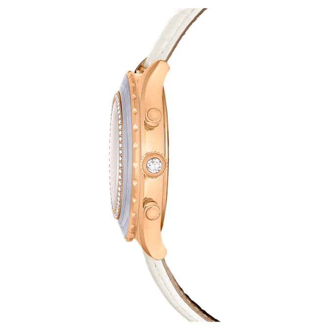 Swarovski Octea Chrono watch, Swiss Made, Leather strap, White, Rose gold-tone finish