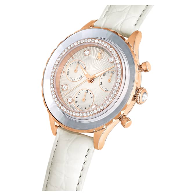 Swarovski Octea Chrono watch, Swiss Made, Leather strap, White, Rose gold-tone finish