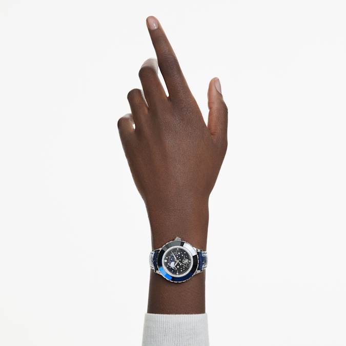 Swarovski Octea Moon watch, Swiss Made, Moon, Leather strap, Blue, Stainless steel
