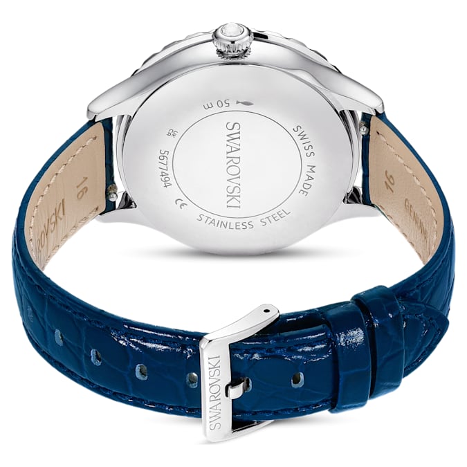 Swarovski Octea Moon watch, Swiss Made, Moon, Leather strap, Blue, Stainless steel