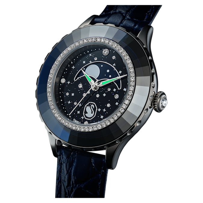 Swarovski Octea Moon watch, Swiss Made, Moon, Leather strap, Blue, Stainless steel