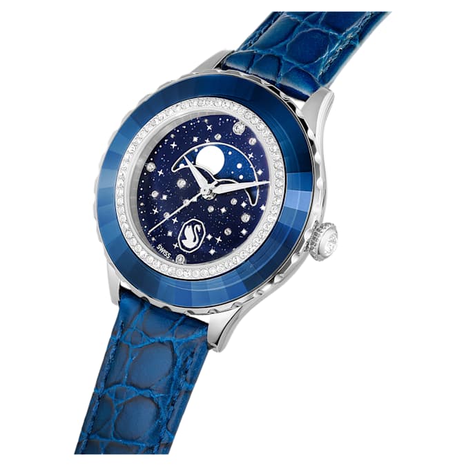 Swarovski Octea Moon watch, Swiss Made, Moon, Leather strap, Blue, Stainless steel