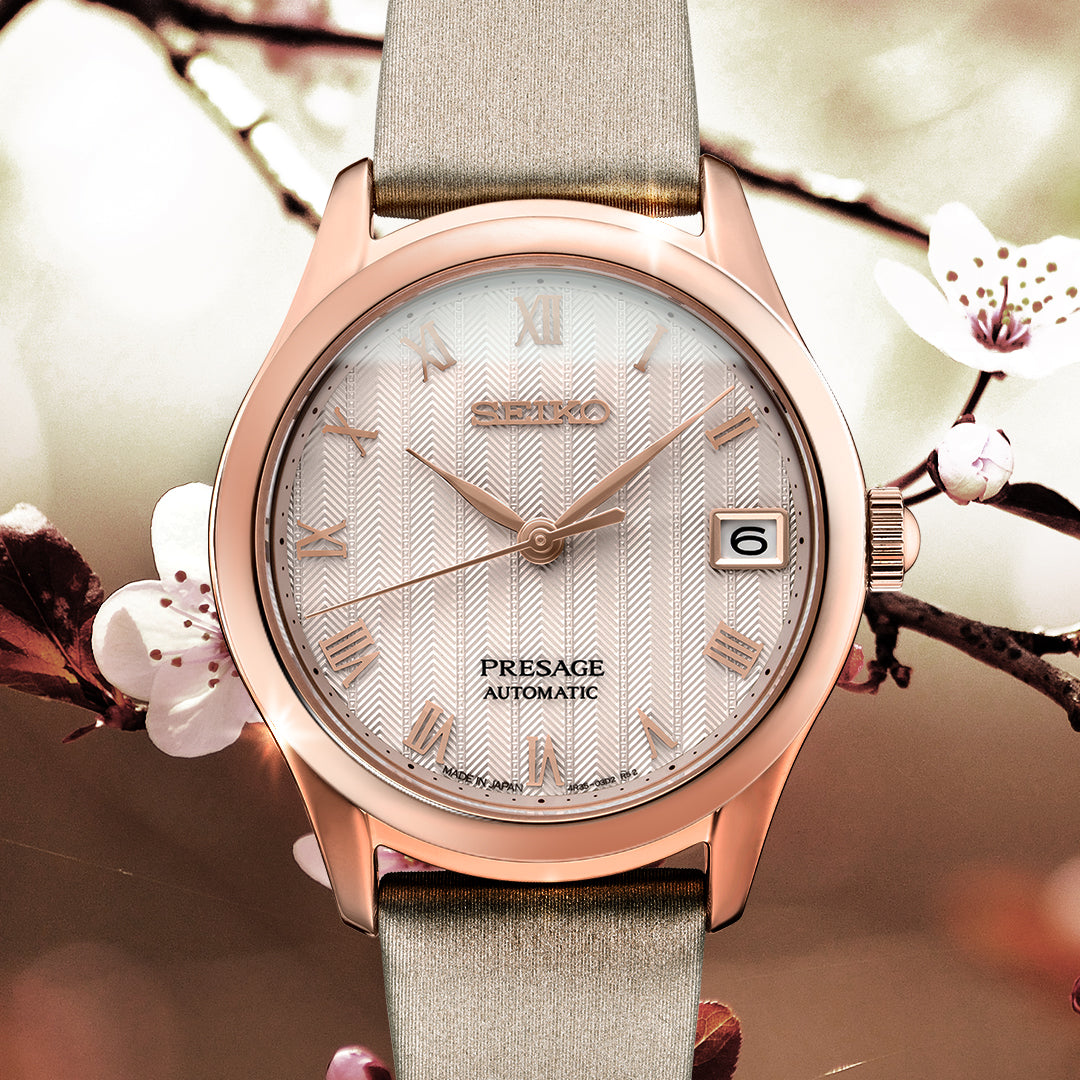 Seiko Presage Rose Gold-tone Leather Strap Women`s Watch SRPF50