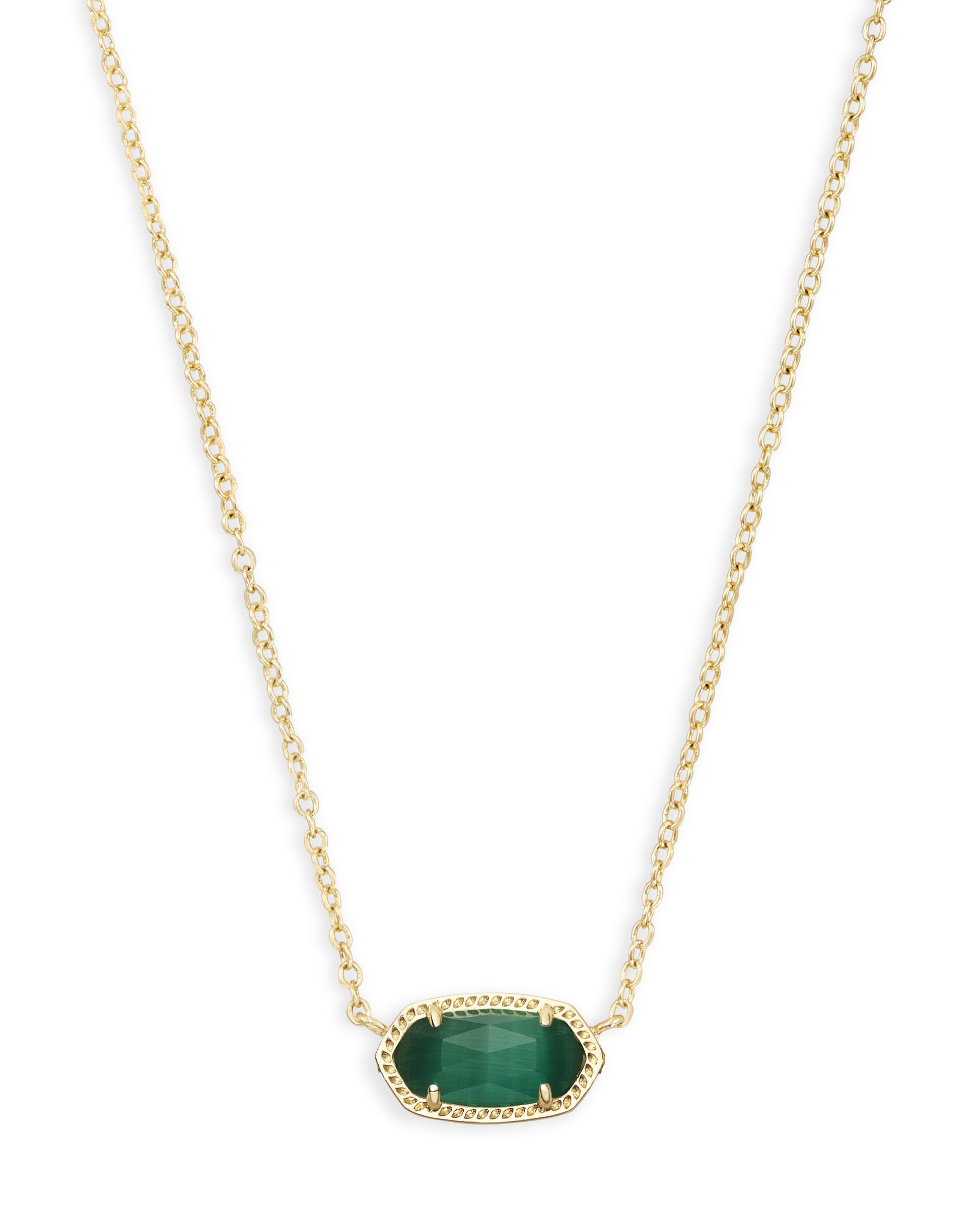 Kendra Scott ELISA SHORT PENDANT NECKLACE 4217713810 N5067GLD 0.63'L x 0.38'W stationary pendant, 15' chain with 2' extender GOLD EMERALD CATS EYE