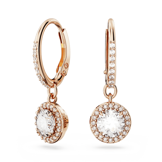 Constella drop earrings, Round cut, Pavé, White, Rose gold-tone plated