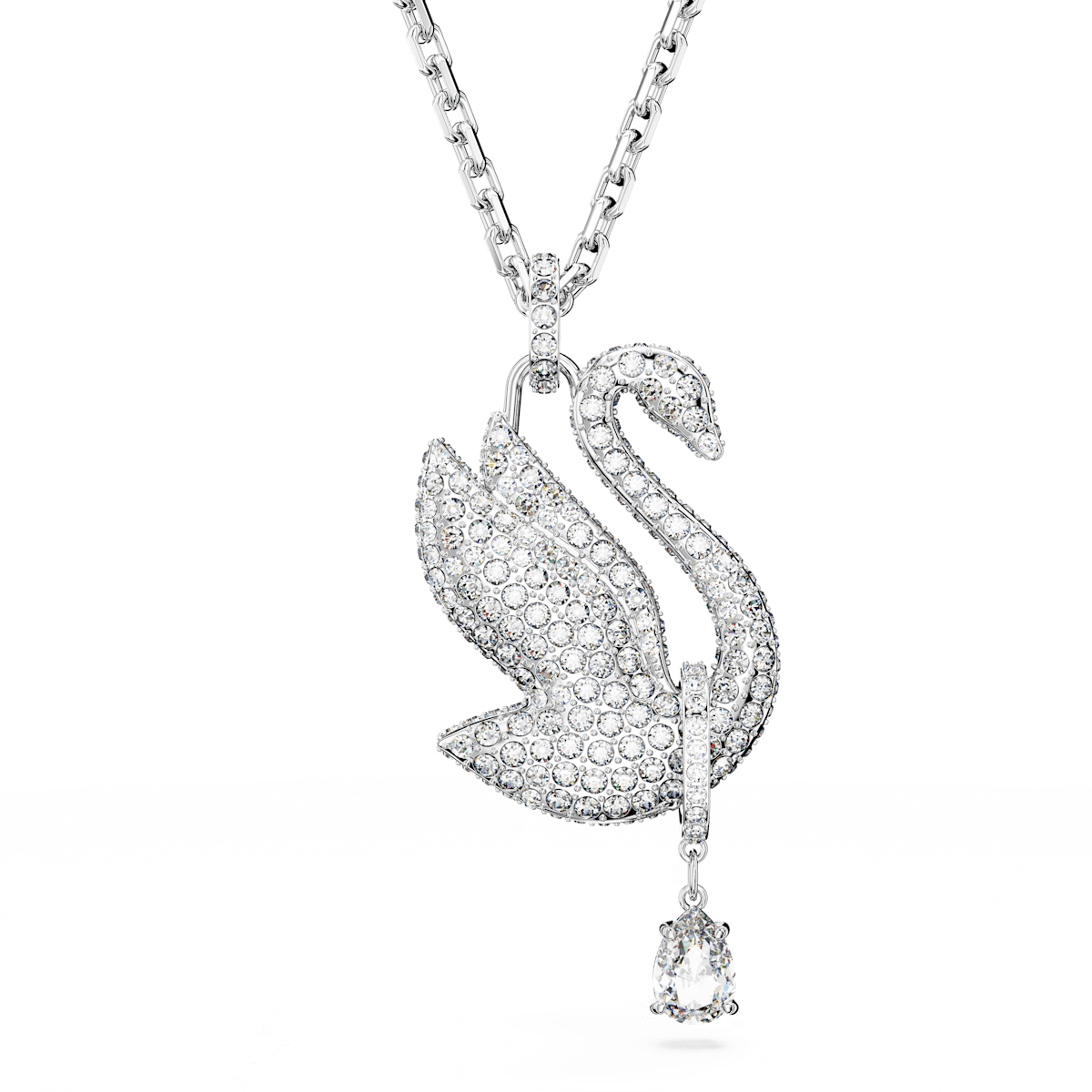 Swarovski Jewelry Long White Rhodium Iconic Swan Pendant Necklace